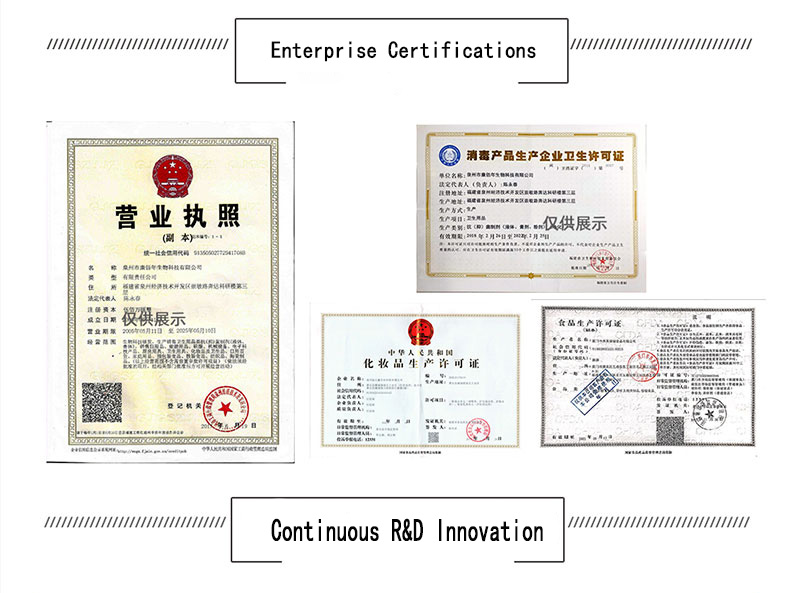 Zhongkang Bainian feminine care OEM manufacturer factory certifications and business licenses