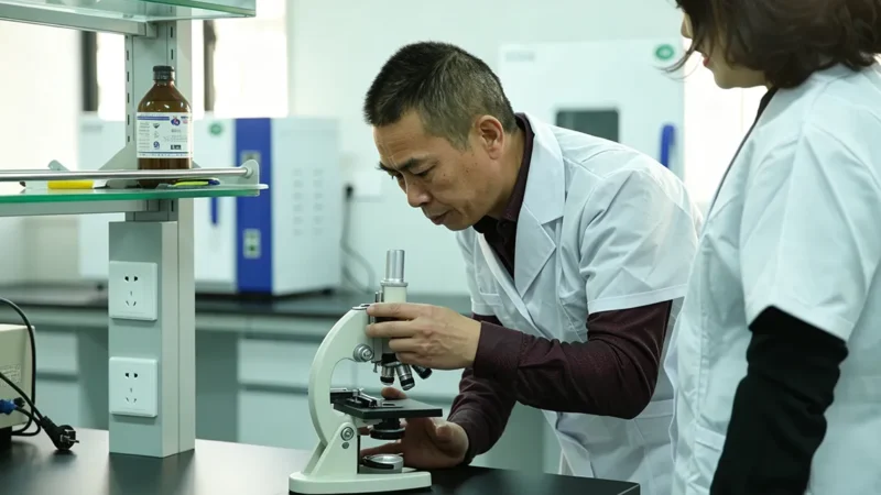 OEM cosmetic intimate care factory R&D laboratory, researchers testing product sample in modern lab