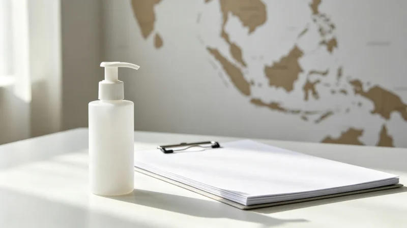 BPOM cosmetics registration product file for a private label brand entering Indonesia: cosmetic pump bottle with a product dossier and an Indonesia map