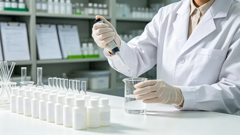 R&D chemist preparing a custom intimate care sample from a formula library inside a bright cosmetics OEM laboratory