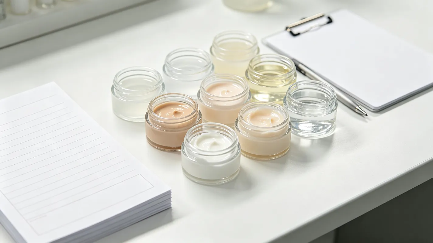 Row of custom intimate care sample bottles with different textures on a clean lab bench during OEM formula development