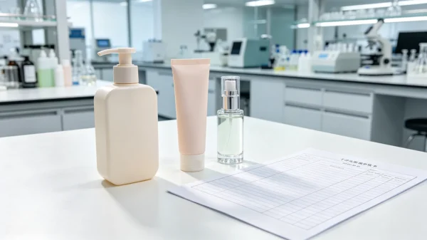 Private label feminine care product samples with specification sheet on a lab bench at KangbaiNian