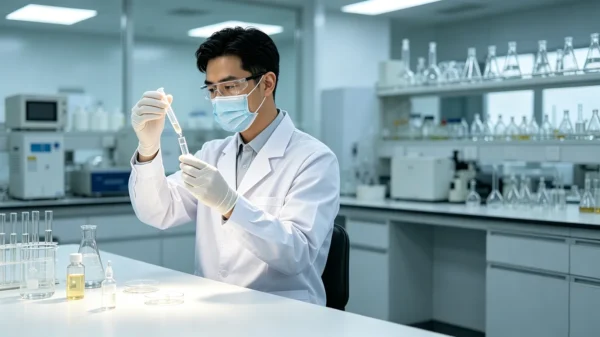 KangbaiNian quality team inspecting a private label sample in the laboratory