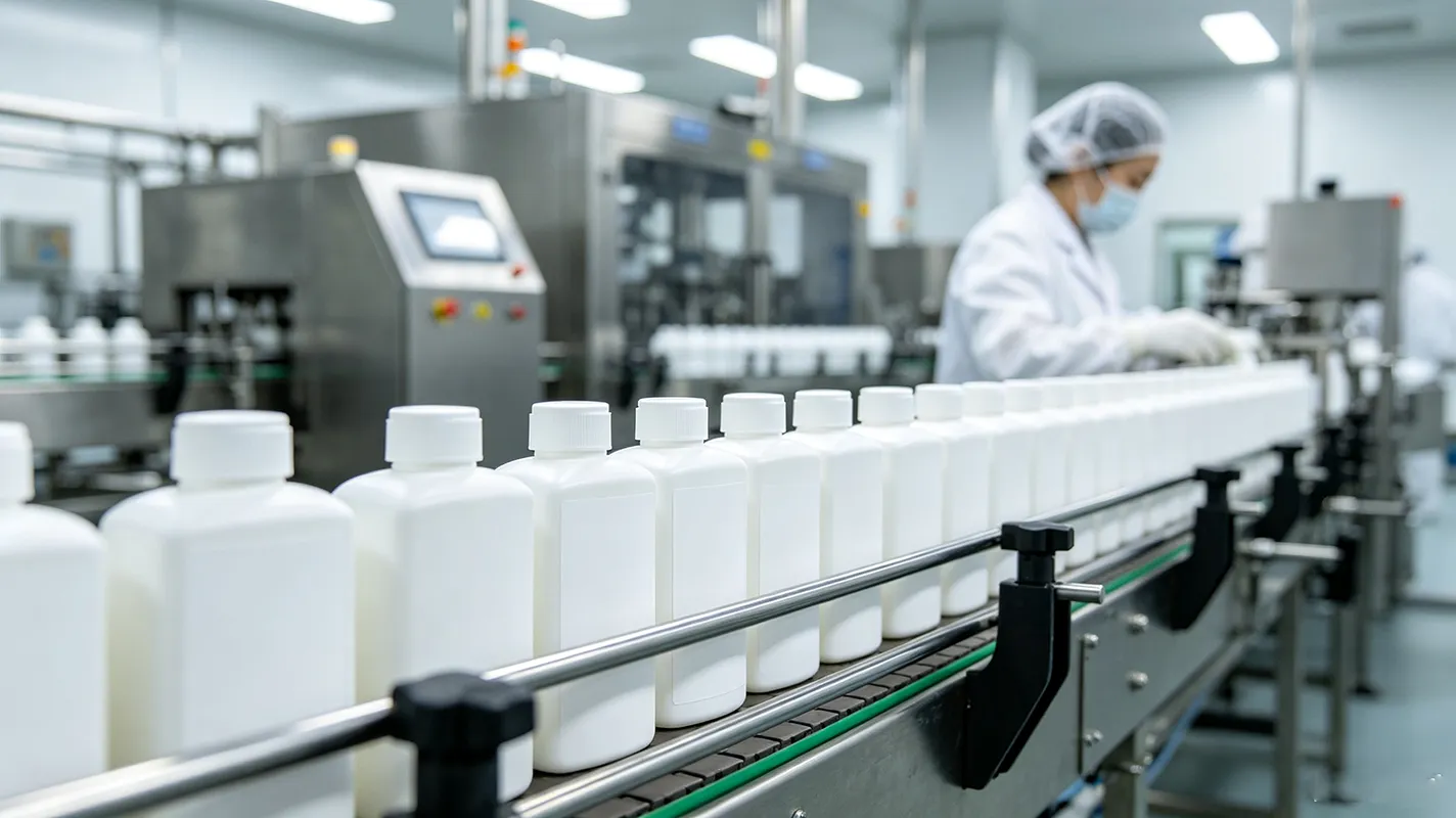 Cosmetic filling line with unbranded bottles during the production phase of a private label launch timeline