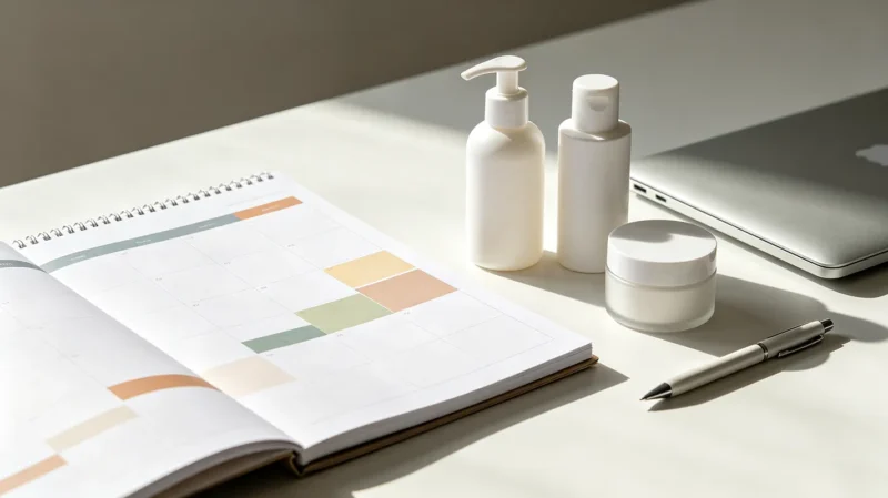 Private label beauty brand launch timeline planning with a calendar and unbranded cosmetic bottles on a business desk